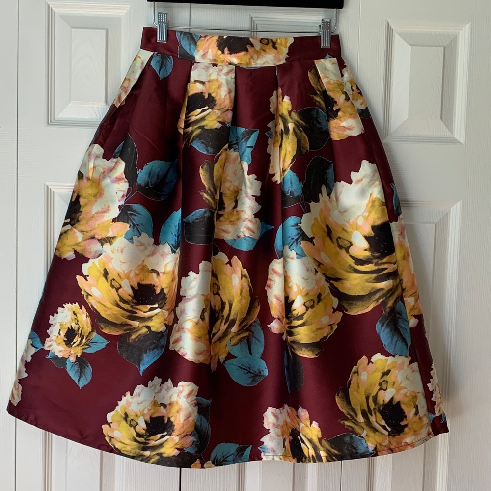 Statement Full Midi Skirt in Burgundy and Yellow Size Small